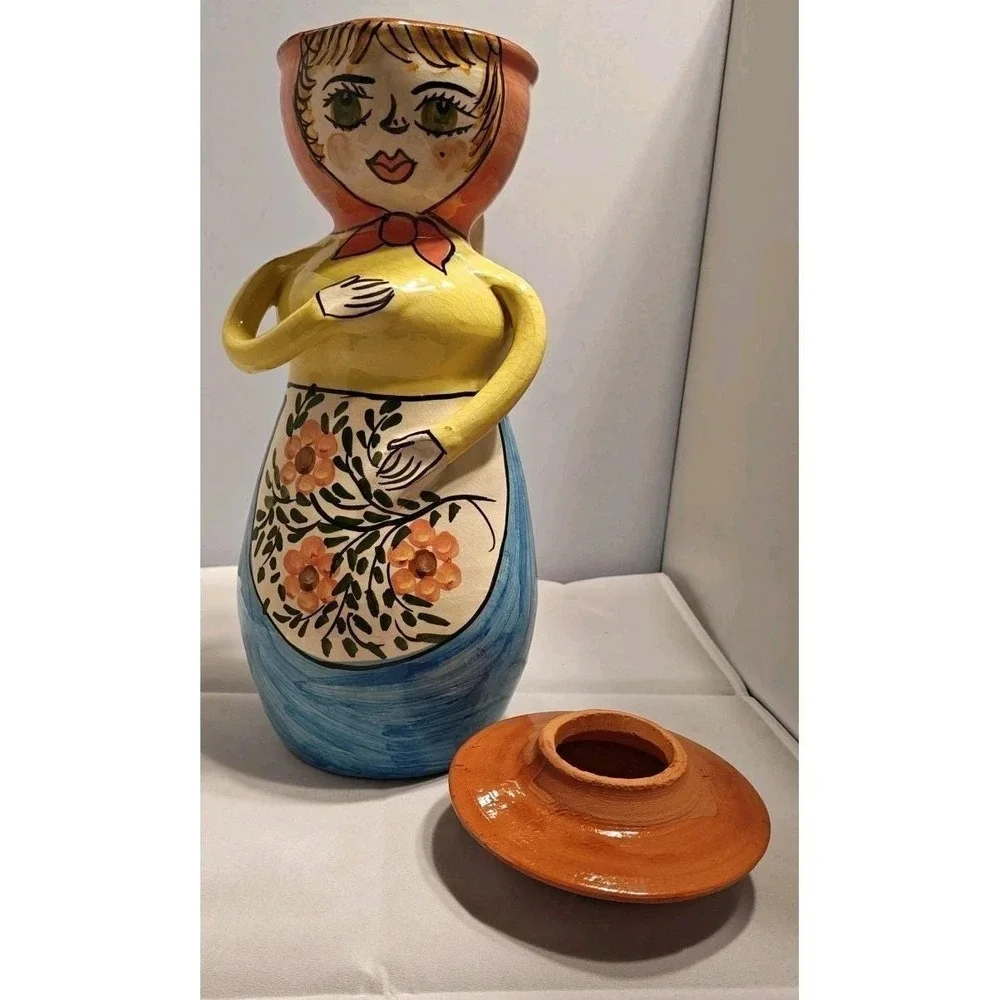Vintage Portugal Folk Art Clay Woman‎ Pitcher with Hat Lid Hand Painted 12in
